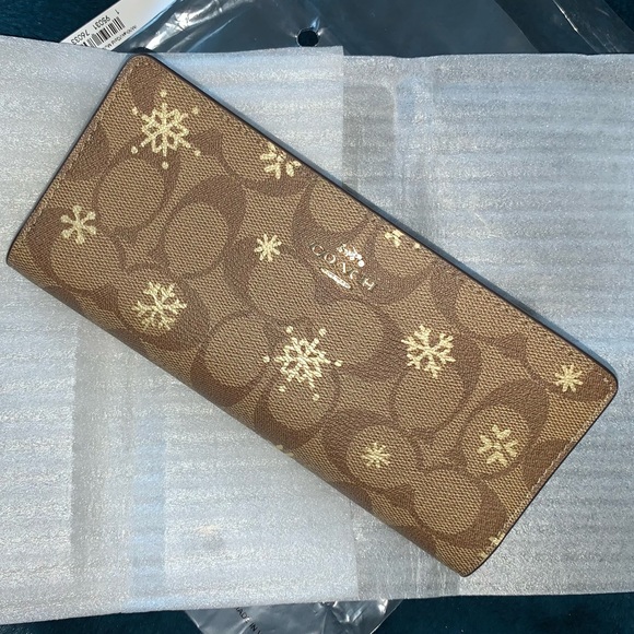NEW! COACH Slim Signature Canvas Wallet with Snowflake Print, NEW WITH TAG! - Picture 2 of 15